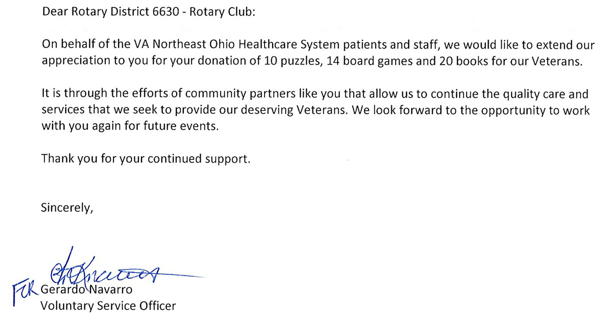THANK YOU FROM THE VA and A REQUEST TO ALL CLUBS District 6630